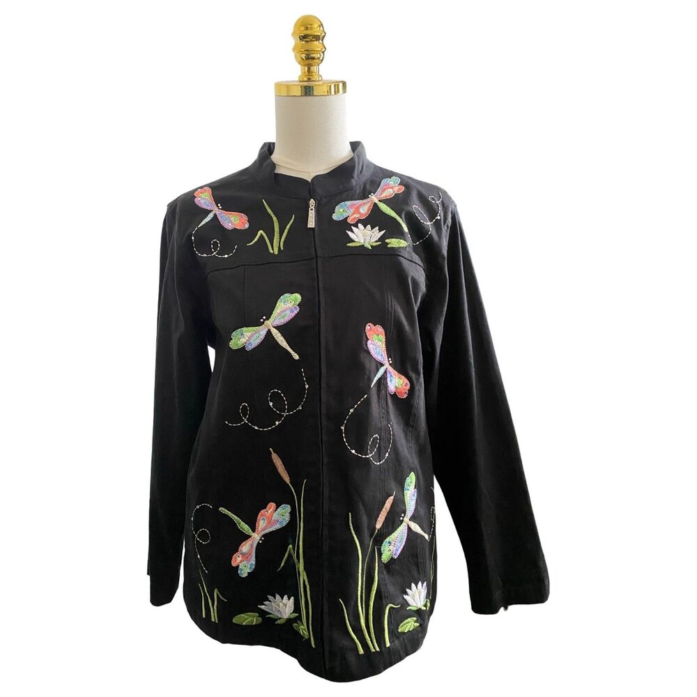 Quacker Factory Dragonfly Embroidered Jacket Large Black Cotton Full Zip Beaded